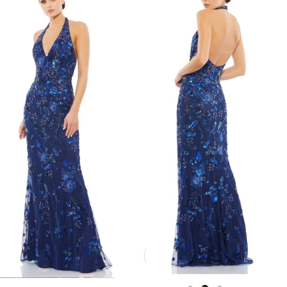 NWOT Mac Duggal navy blue FLORAL EMBELLISHED HALTER GOWN 16